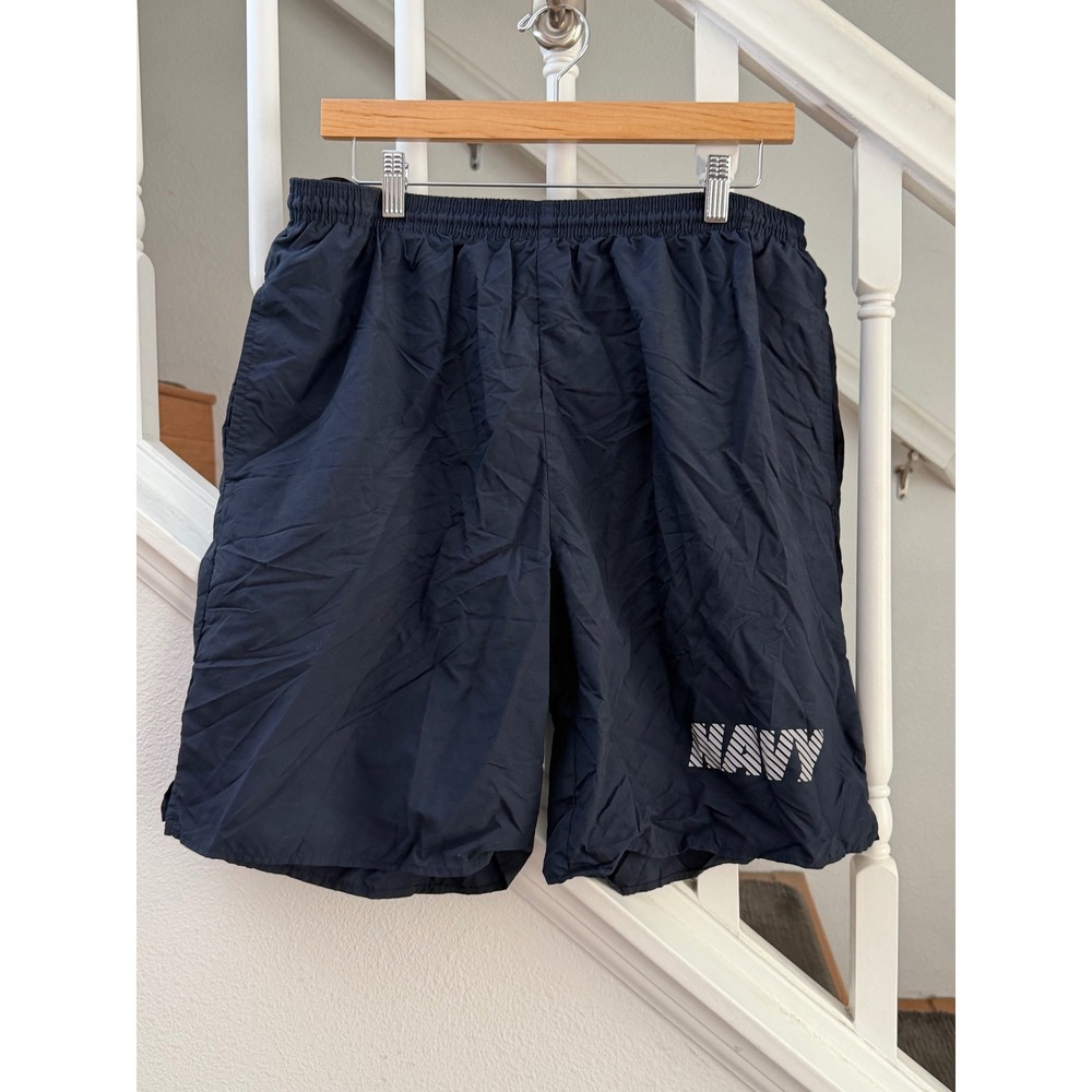 US Navy Originals MJ Soffe PT Shorts Mens XL Navy Blue Reflective Logo USA Made